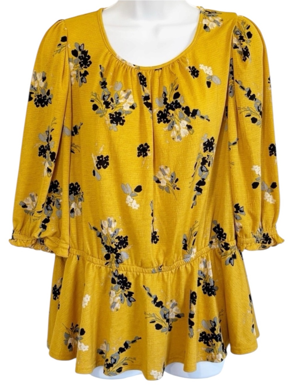 NWT Melloday Mustard Yellow Floral Peasant Blouse Large Boho 3/4 Sleeve Top